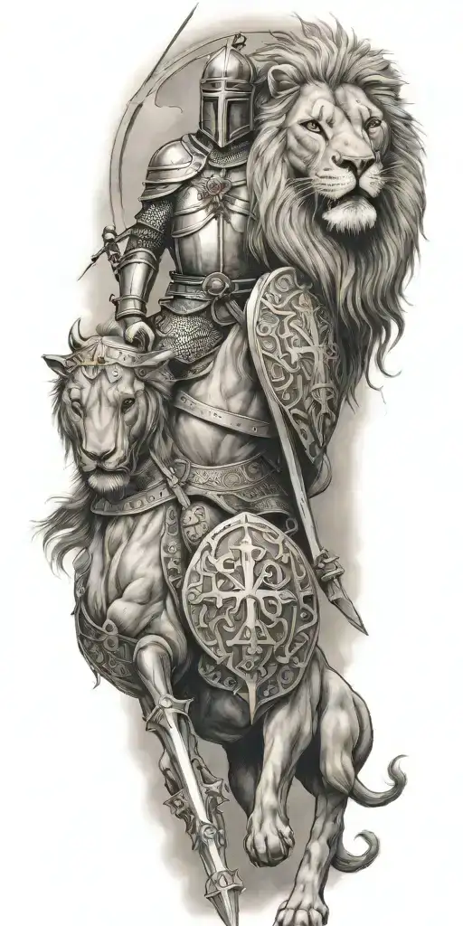 knight templar with a lion and a warrior bible verse written tattoo design idea