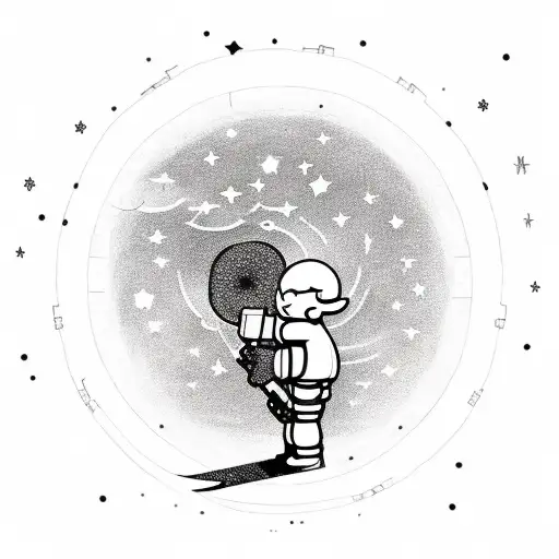 An angelic plumber holding a wrench as a weapon, with a backdrop of a star-filled sky and planets tattoo design idea