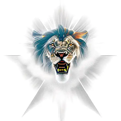jesus walking out of clouds with sun rays behind him while he is walking a lion with a logging chain tattoo design idea