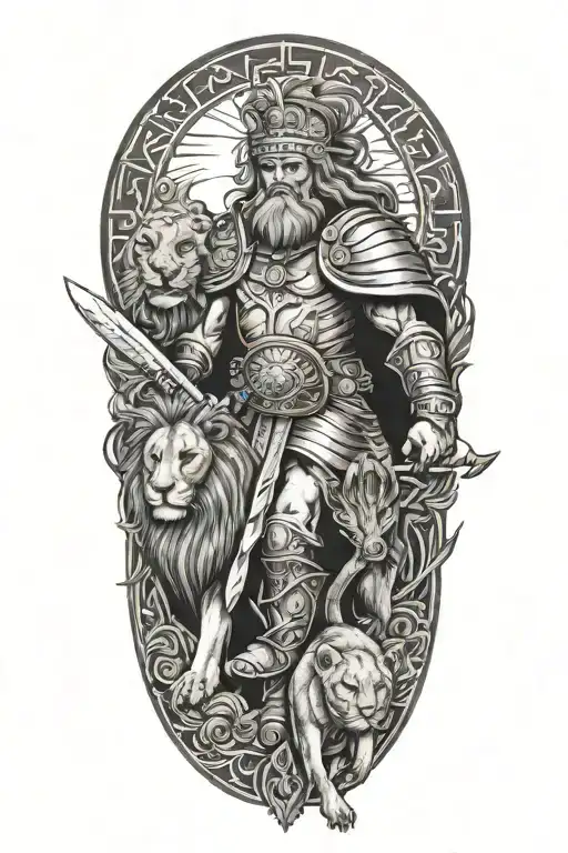 warrior with a lion and a warrior, psalm 91 15 2 tattoo design idea