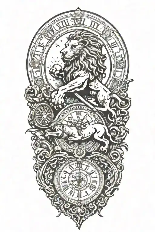 lion, clock, white horse, angel holding a sword tattoo design idea