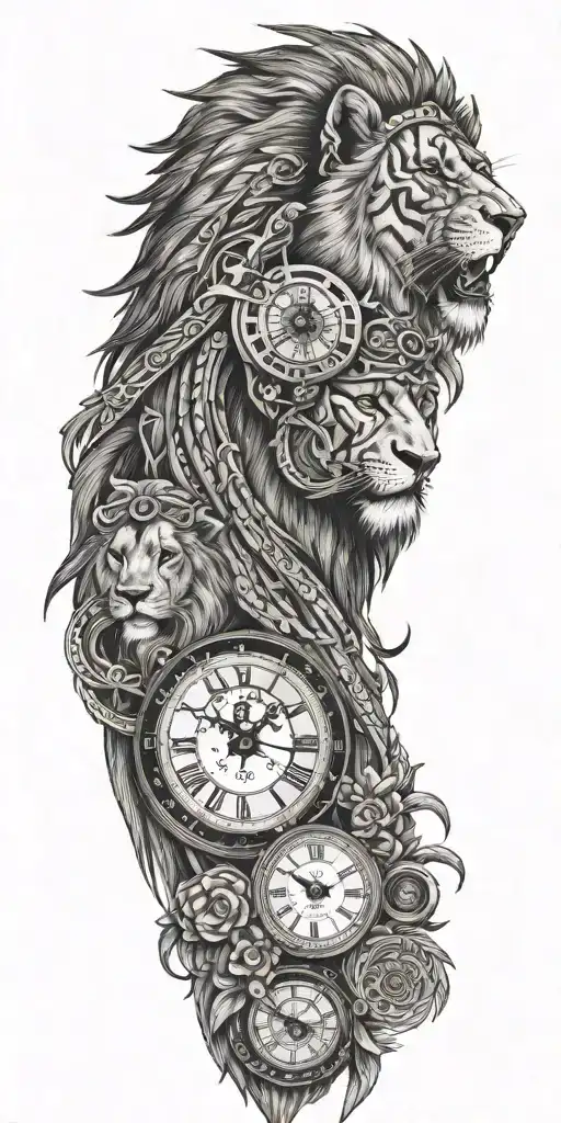 Comanche warrior, rifle, white horse, clocks, lion and lioness  tattoo design idea