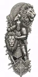 knight templar with a lion and a warrior bible verse written tattoo design idea
