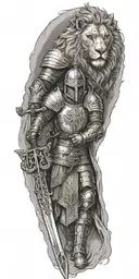 knight templar with a lion and a warrior bible verse written tattoo design idea