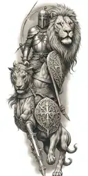 knight templar with a lion and a warrior bible verse written tattoo design idea