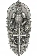 knight templar with a lion and a warrior bible verse written tattoo design idea