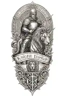 knight templar with a lion and a warrior bible verse written tattoo design idea