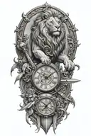 lion, clock, white horse, angel holding a sword tattoo design idea