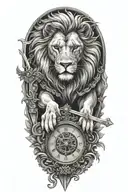 lion, clock, white horse, angel holding a sword tattoo design idea