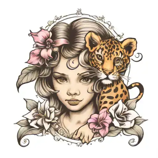 Roman little girl with Cattleya's & a lion head tattoo design idea