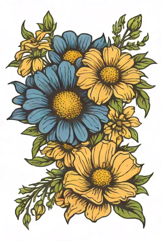 bouquet tied daisy, blue aster, california poppy  tattoo design idea