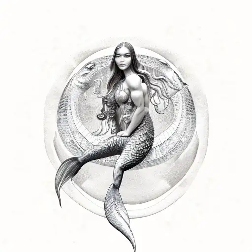 An intricate design of a muscular mermaid with fish scales tattoo design idea