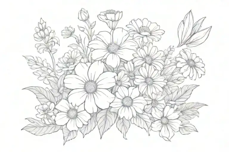 an Aster, morning glory, and Daisy flower bouquet along with the name Hadee, and a bunny rabbit tattoo design idea