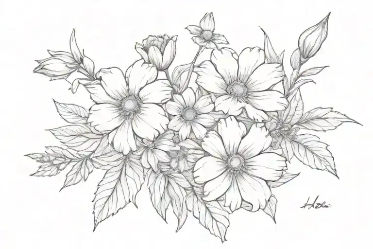 an 1 Aster, 1 morning glory, and 1 Daisy flower along with the name Hadee, and a bunny rabbit tattoo design idea