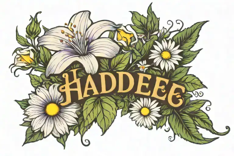 an Aster, morning glory, and Daisy flower with the name "Hadee" incorporated, along with a rabbit  tattoo design idea