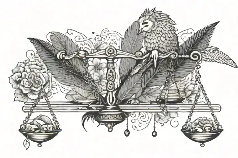 Libra scales. With a human heart on one scale. feather in the other scale. Libra. Drawing. Illustration. Egyptian. The s tattoo design idea