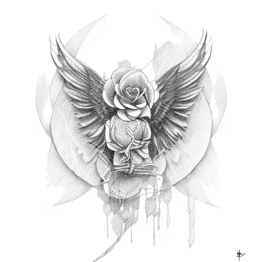 wings with rose tattoo design idea