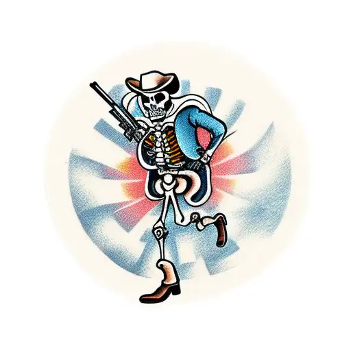 skeleton cowboy shooting a gun in front of a sunset tattoo design idea