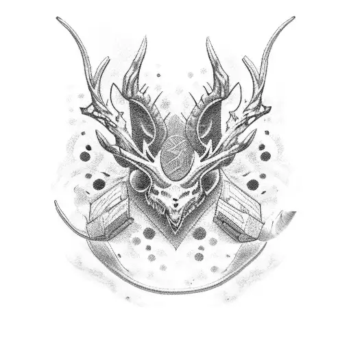 A dotwork tattoo of a fierce gaming controller morphing into a hunting rifle, symbolizing the client's love for gaming and hunting. tattoo design idea