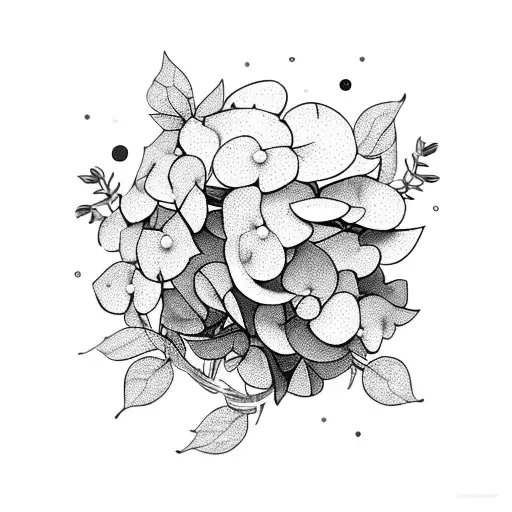 A delicate hydrangea bouquet tied with a bow, surrounded by swirling stars tattoo design idea