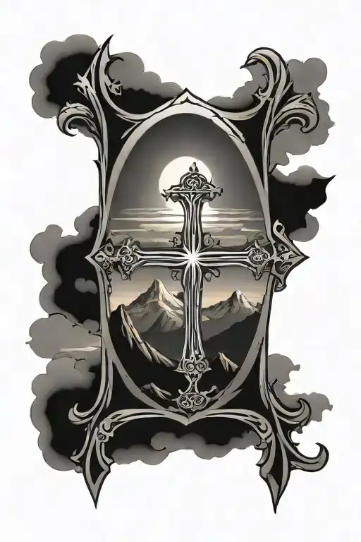 Gothic Cross with a stylized mountain sunset in front in the center of the cross tattoo design idea