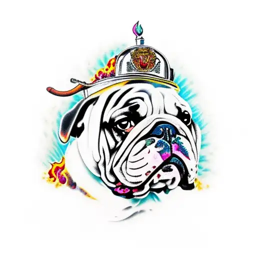 ed hardy style, english bulldog, vicious, wears a helmet with flames around the dog tattoo design idea