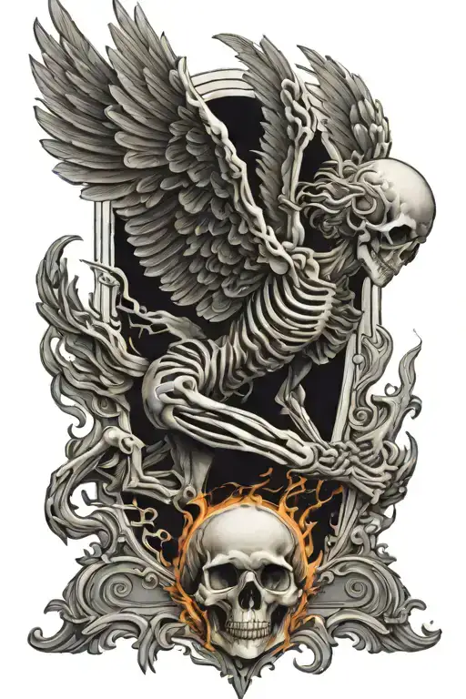 Falling icarus burning skeleton suffering tattoo design idea