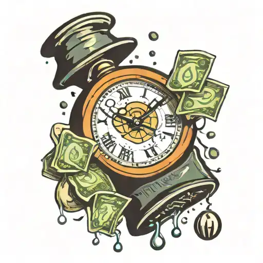 broken clock with money bag and raining cash  tattoo design idea