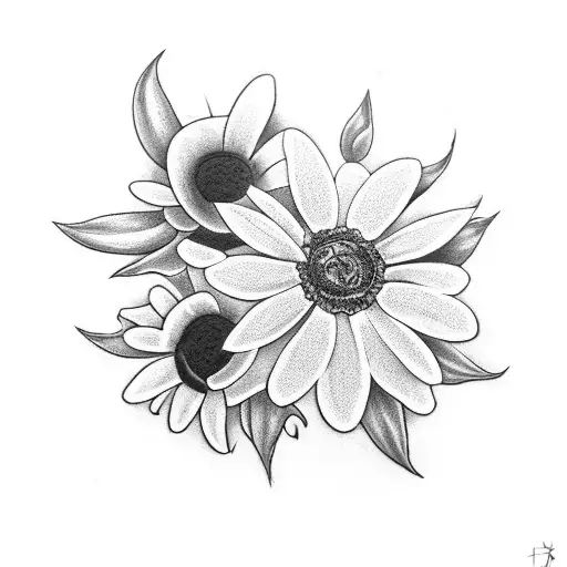 A black-grey tattoo of a daisy and a rose intertwined with a wand from Harry Potter tattoo design idea