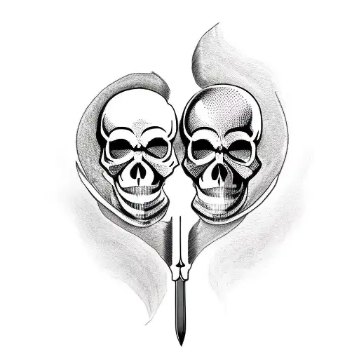 A two-faced skull (happy and sad at the same time) and a heart with a sword going through it tattoo design idea