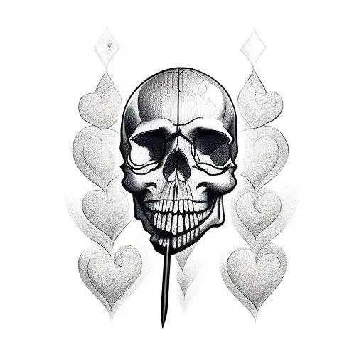 A two-faced skull (happy and sad at the same time) and a heart with a sword going through it tattoo design idea