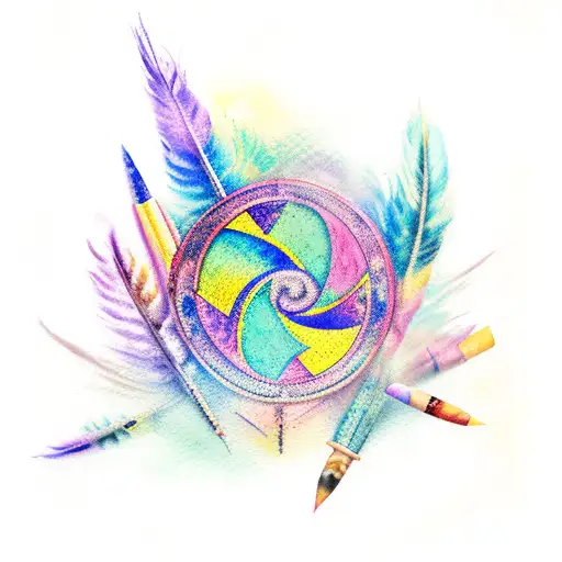 tribal tattoo, quill and feather, pastel color watercolor wash, blue, lavender, mint, yellow, maroon tattoo design idea