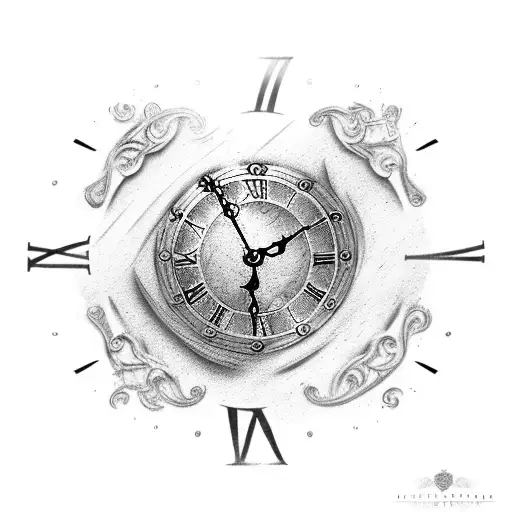 A clock with Roman numerals featuring iconic anime symbols tattoo design idea