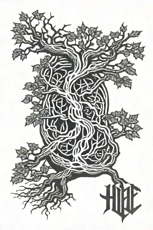 hel rune growing out of a tree as roots  tattoo design idea