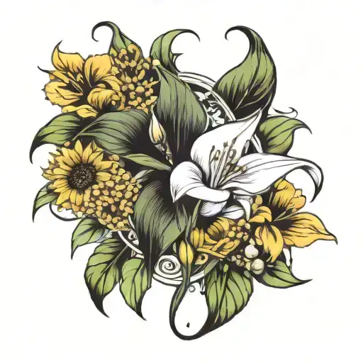 calla lily lily of the valley and a sunflower intertwined tattoo design idea
