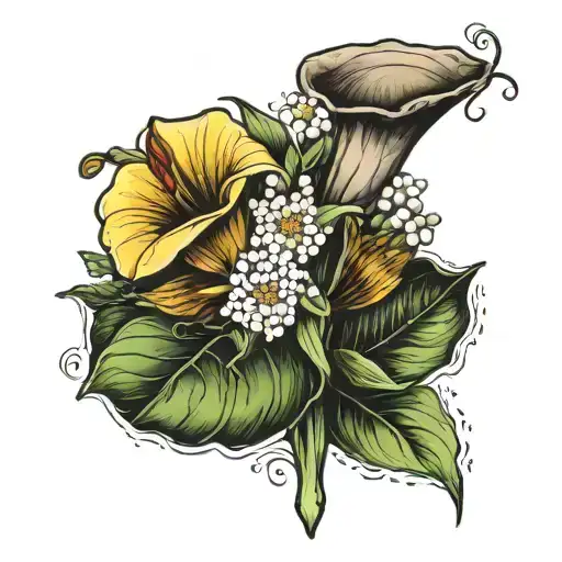 a single calla lily, lily of the valley, and a sunflower in a bocuette tattoo design idea