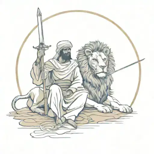 Arabic art traditional Arabic guy holding a sword with a lion sitting next to him tattoo design idea