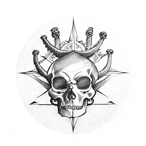 pirate map on the backround, compass in the middle and luffys skull from One Piece tattoo design idea