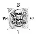 pirate map on the backround, compass in the middle and luffys skull from One Piece tattoo design idea