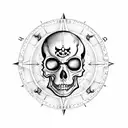 pirate map on the backround, compass in the middle and luffys skull from One Piece tattoo design idea
