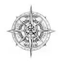 pirate map on the backround, compass in the middle and luffys skull from One Piece tattoo design idea