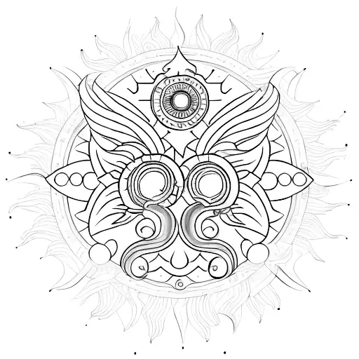 Design a tattoo that integrates a semicolon, sunburst, and phoenix. The semicolon should act as the stem of the sunburst tattoo design idea