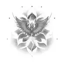 Design a tattoo that integrates a semicolon, sunburst, and phoenix. The semicolon should act as the stem of the sunburst tattoo design idea