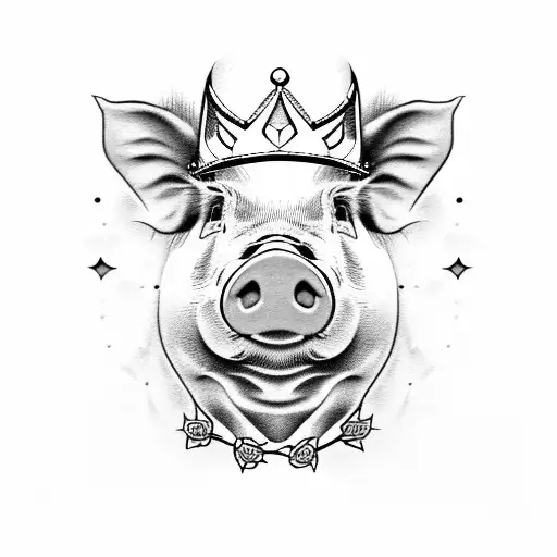 realistic pig wearing a crown in a frame tattoo design idea