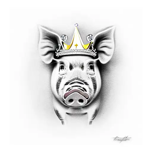 realistic pig wearing a crown in a frame tattoo design idea