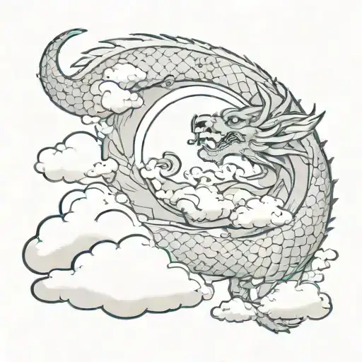 Clouds covering half of the night moon, from which comes the light on the dragon that protects the boy tattoo design idea