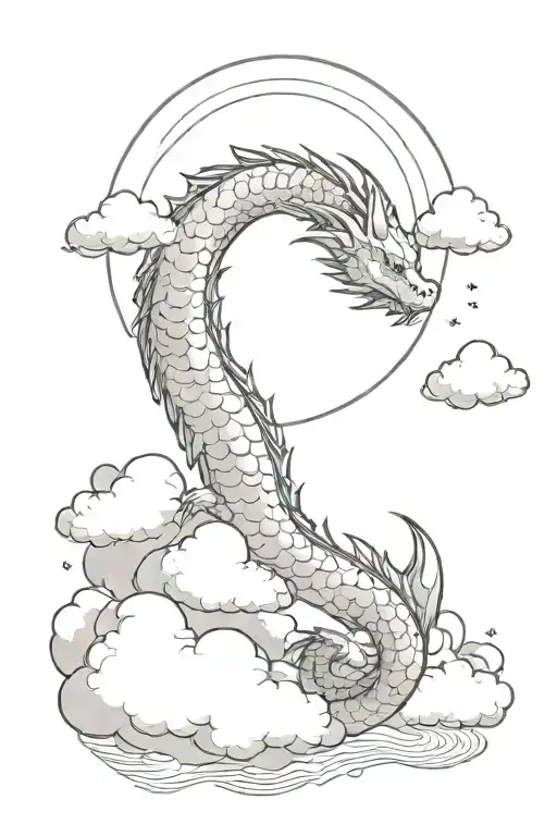 Clouds covering half of the night moon, from which comes the light on the dragon that protects the boy tattoo design idea
