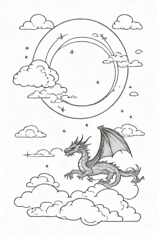 Clouds covering half of the night moon, from which comes the light on the dragon that protects the boy tattoo design idea