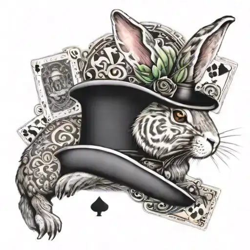rabbit with a tophat holding a winning hand of blackjack tattoo design idea