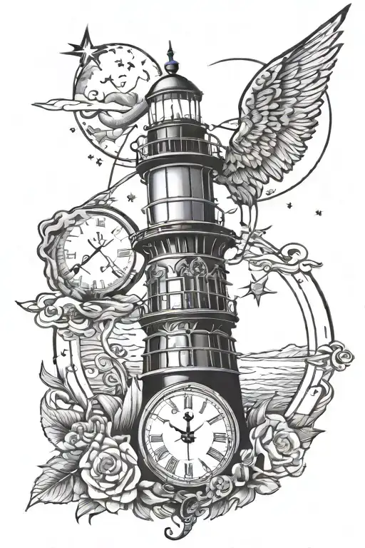 lighthouse, pocket watch set to 11:11, moon with stars tattoo design idea